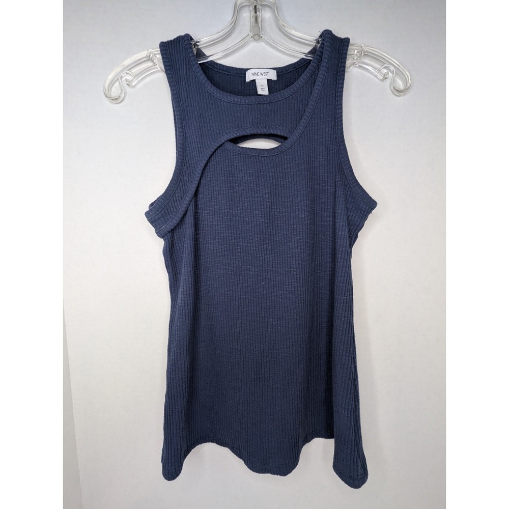 Nine West Womens Medium Blue Ribbed Tank Top Cutout Sleeveless Casual Stretch - Picture 1 of 9